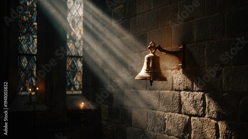 Vintage Church Bell Hanging on Stone Wall Illuminated by Dramatic Sunlight from Stained Glass Windows