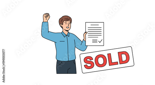 Illustrative depiction of a jubilant man celebrating a successful transaction, holding a document and a bold 'SOLD' sign