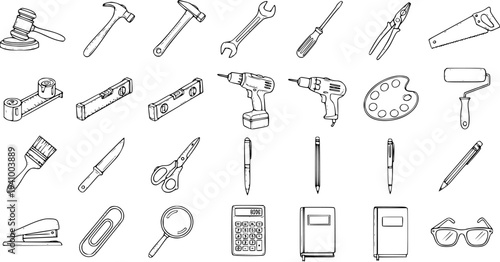 Black and White Line Art Doodle Icons: A Comprehensive Set of Tools, Office Supplies, and Everyday Instruments for DIY, Construction, Art, and Education. Vector Collection.