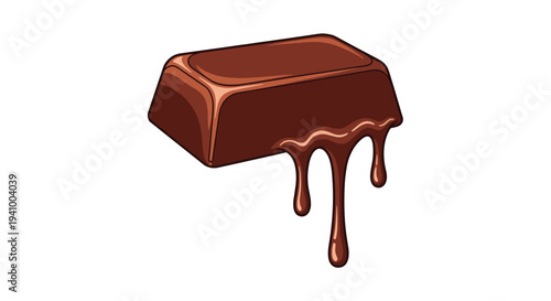 A single rectangular block of dark chocolate with three thick glossy drips of melted chocolate falling from its side isolated on a white background.