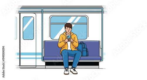 Young Man Texting on Smartphone While Commuting on a Train with Backpack Beside Him, Isolated on White Background