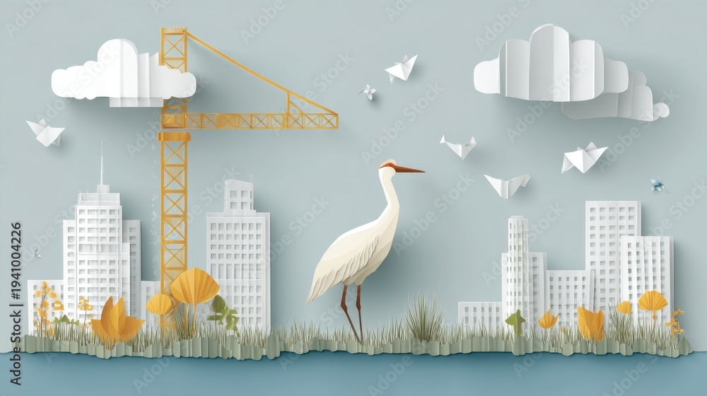Fototapeta premium Whimsical Paper Art Scene Featuring Crane, Buildings, Clouds and Construction Crane in Bright Pastel Colors