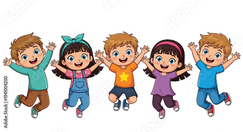 Group of five happy children with arms raised up jumping together cheerfully