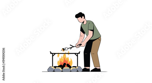 Young man enjoying a campfire and roasting marshmallows on a stick on a clear white background in a minimalist style.