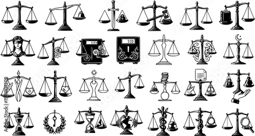 Set of Scales of Justice Black and White Line Art Vector Icons Representing Law and Balance