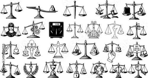 Black and White Line Art Collection of Scales of Justice, Law, and Equality Symbols