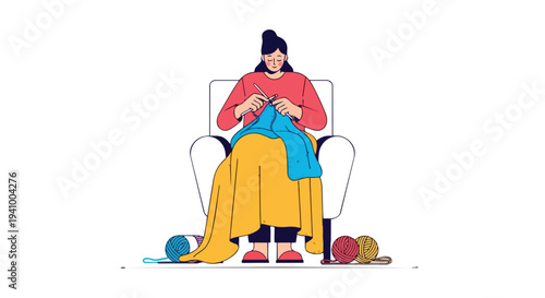 Cozy Home Knitter Engaged in Crafting Activity, Surrounded by Yarn Balls and Covered with a Blanket