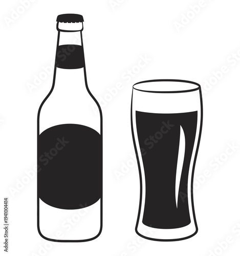 beer glass and beer bottle for pub concept in vector, cold refreshing lager drink illustration, bar beverage symbol with foam mug and bottle, modern flat style graphic for pub menu, restaurant brandin