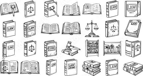 Black and White Line Art of Law Books, Gavel, and Scales of Justice for Legal Industry Vector Asset