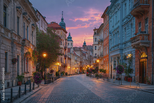 European city street sunset historic building tower cobblestone road warm light charming atmosphere