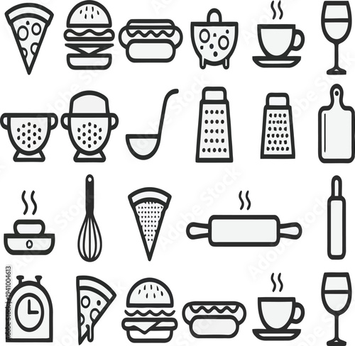 Food and beverage icon set with pizza burger hot dog coffee cup grater and wine glass art