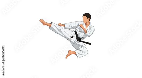 Dynamic Illustration of a Martial Artist Executing a Powerful Mid-Air Roundhouse Kick in a Traditional Karate Gi