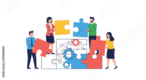 Diverse team members assemble large puzzle pieces showing internal.