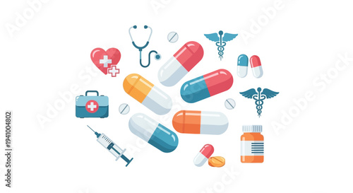 Colorful medical capsules surround various health symbols and first aid.