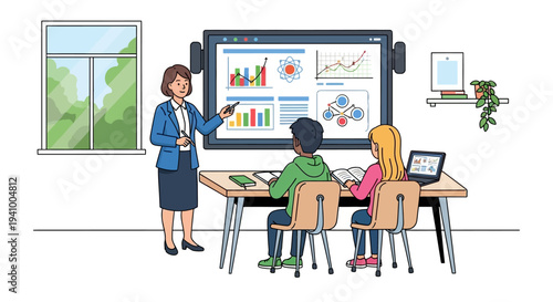 Teacher points to interactive screen showing business charts for.