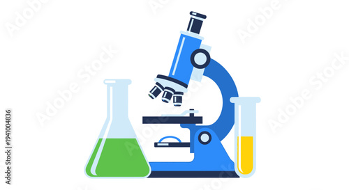 Blue microscope and glassware illustrate laboratory research.