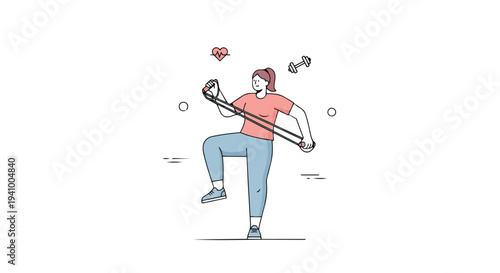 Energetic woman engages in resistance band training with subtle workout symbolism, promoting a healthy lifestyle and active living