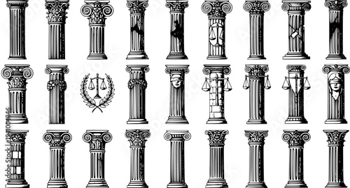 Black and White Line Art of Various Architectural Columns, Pillars, and Scales of Justice Symbol for Law and Architecture