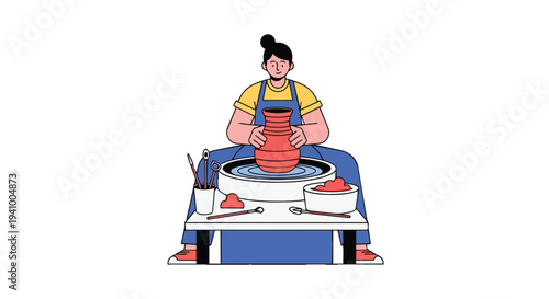 Artisan shaping clay on a pottery wheel with tools and materials displayed for creative ceramic production