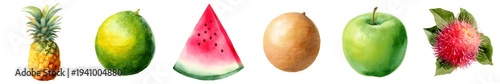 Set of watercolor fruit clipart, apple, rambutan, cantaloupe, pomelo, watermelon and pineapple, isolated on transparent background
