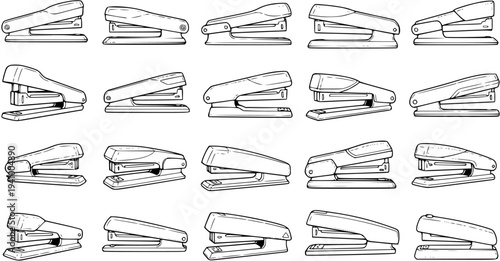 Black and White Line Art Collection of Various Staplers, Office Supplies, Stationery, Equipment