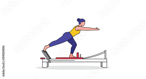 Woman performing a balance pose on a Pilates reformer machine, demonstrating core strength and flexibility in a fitness studio setting