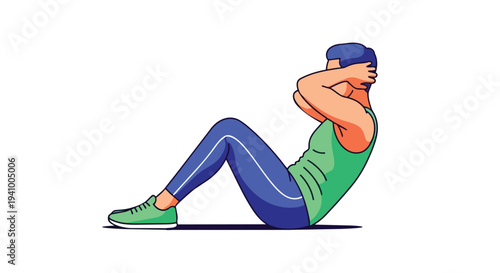 Animated illustration of a focused individual performing a core strengthening abdominal crunch exercise in athletic attire