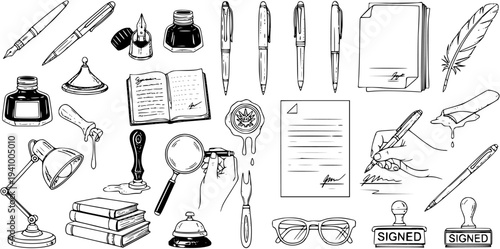 Vintage Office and Legal Supplies: Pens, Inkwells, Books, Wax Seals, Magnifying Glass, Desk Lamp, Glasses, Signed Documents, Feather Quill - Black and White Line Art