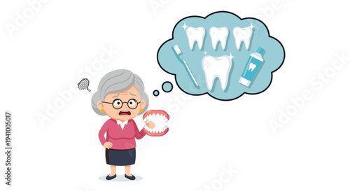 A senior woman wearing a pink shirt and glasses holds a set of dentures while thinking about clean white teeth and toothpaste.