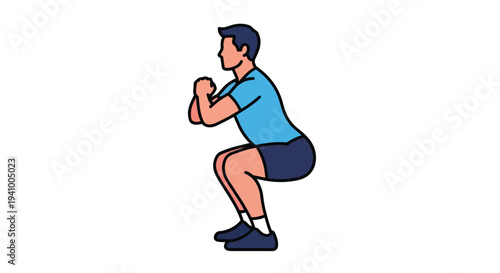Fit male performing a bodyweight squat exercise demonstrating proper form and active lifestyle illustration