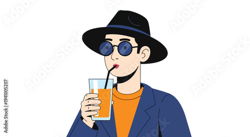 Stylish individual in a hat and sunglasses enjoys a refreshing beverage, exuding a cool and contemporary vibe