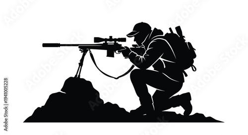 Silhouette of a sniper aiming with a rifle from a rocky position
