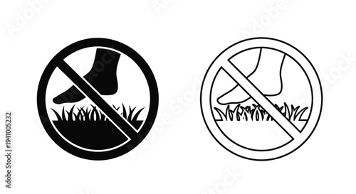 No feet allowed prohibition signs depicting footprints on grass