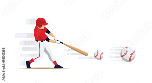 A baseball player in a red uniform and helmet powerfully swings a wooden bat, hitting a fast-moving baseball.