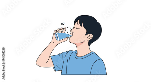 Young person enjoying a refreshing glass of water, highlighting hydration and well-being in a simple, clean illustration