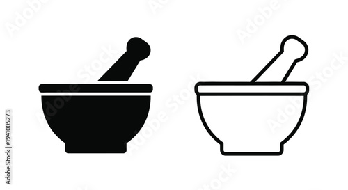 Simple black and white icons of a pestle and mortar set