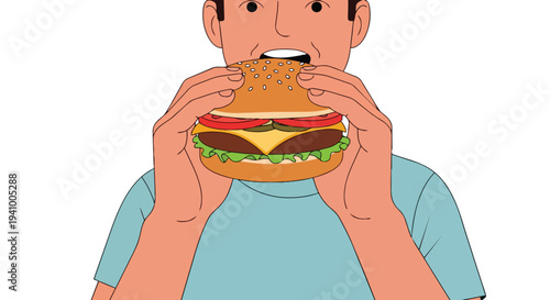 Person joyfully indulging in a hearty, layered hamburger, a classic fast-food delight captured mid-bite with fresh toppings