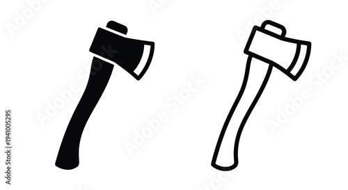 Two black silhouettes of axes one angled and one upright