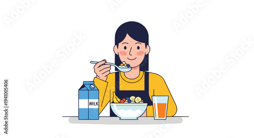 A cheerful individual enjoying a nutritious breakfast of cereal, fruit, and milk, promoting healthy eating habits and a positive start to the day