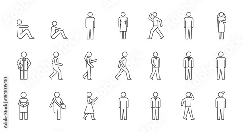 diverse human line art figures in various poses actions and attires perfect for conceptual ui ux design and infographic elements