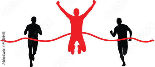 Runner crossing finish line with raised arms victory moment silhouette, marathon race competition success concept with athletes running isolated vector illustration
