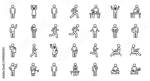 diverse set of minimalist stick figure icons depicting people in various daily actions and professional activities great for uiux and infographics.