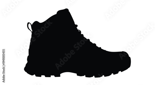 Silhouette of a hiking boot against a stark white background