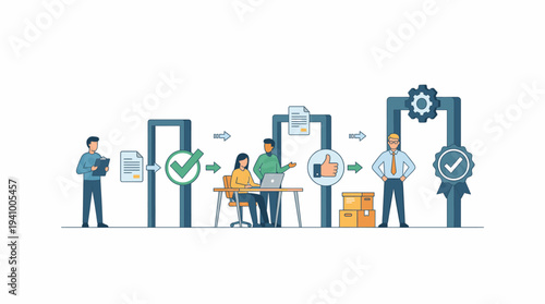 Business Process Workflow Management Illustration Showing Steps from Document Submission to Quality Control and Final Delivery