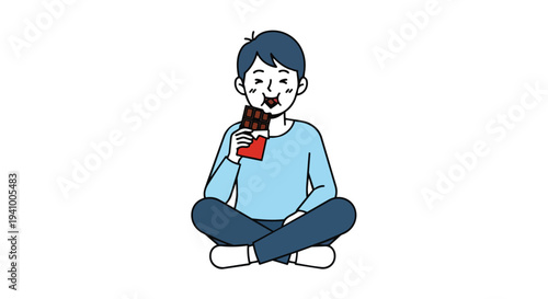 A cheerful young boy enjoys a delicious chocolate bar while sitting cross-legged with a blissful expression, symbolizing simple joys and sweet