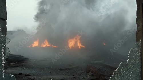 Devastating Aftermath of Explosion with Flames and Smoke Seen Through Broken Window.