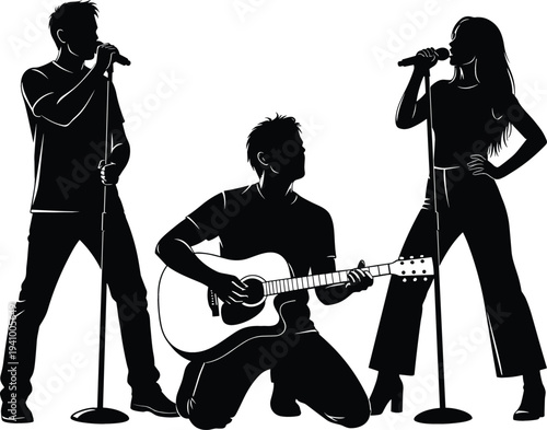 Silhouettes of music band performers with singers and guitarist performing on stage with microphones, live concert entertainment concept isolated vector illustration