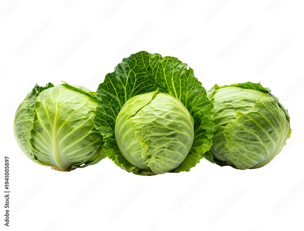 Fototapeta premium Three Fresh Green Cabbage Heads on Neutral Gray Background Symbolizing Natural Health and Simple Culinary Elegance