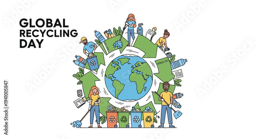 Illustration of diverse people promoting sustainable recycling practices on Global Recycling Day with a colorful earth and recycling symbols.