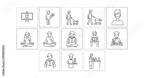 line art people icon set illustrating daily activities hobbies work wellness and learning for modern lifestyle designs.